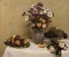 White Roses, Chrysanthemums, Peaches and Grapes on a Table